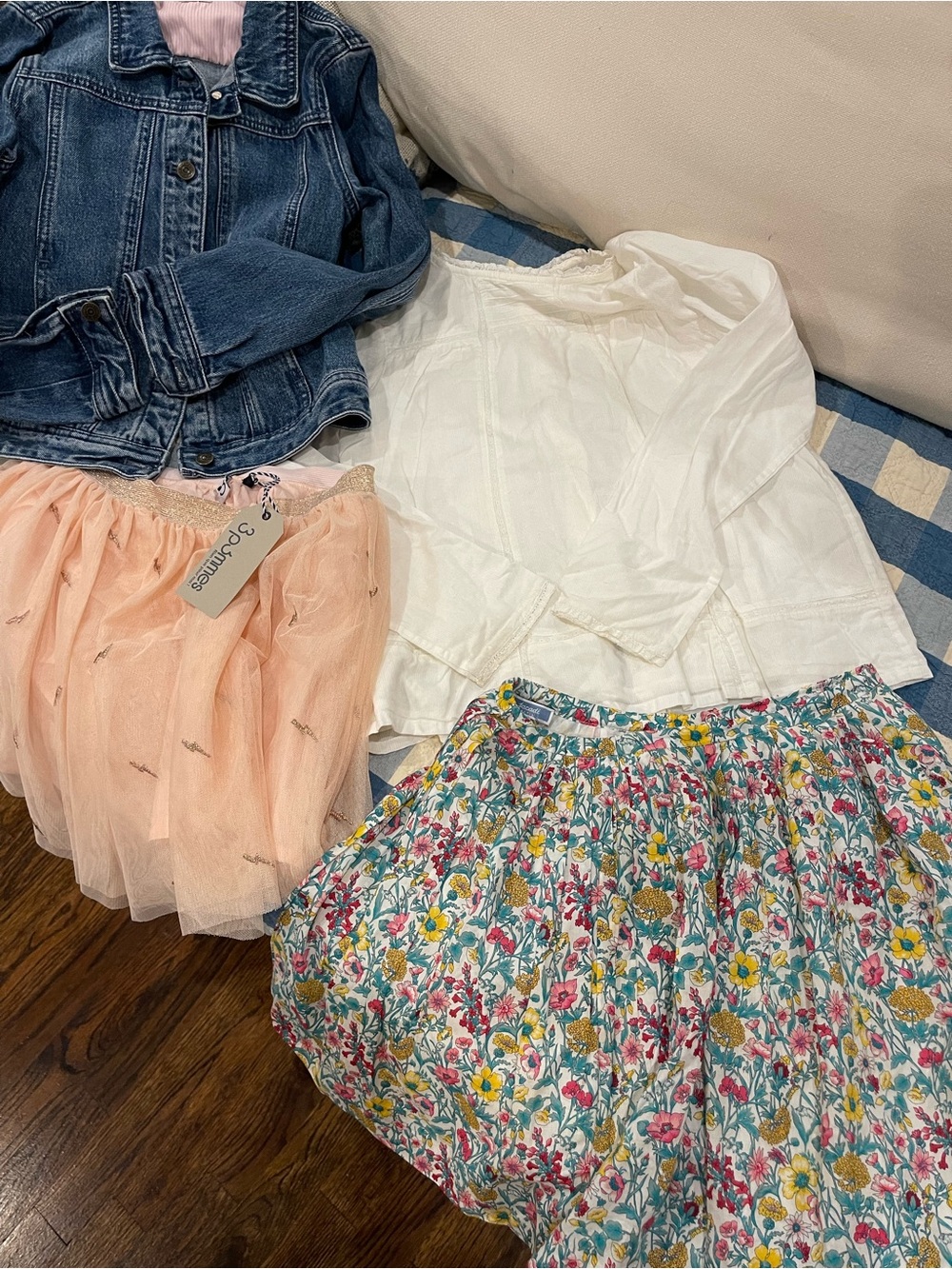 Kids 4 Piece Girls Skirt Set - Peach Tulle, Floral Cotton, White Top